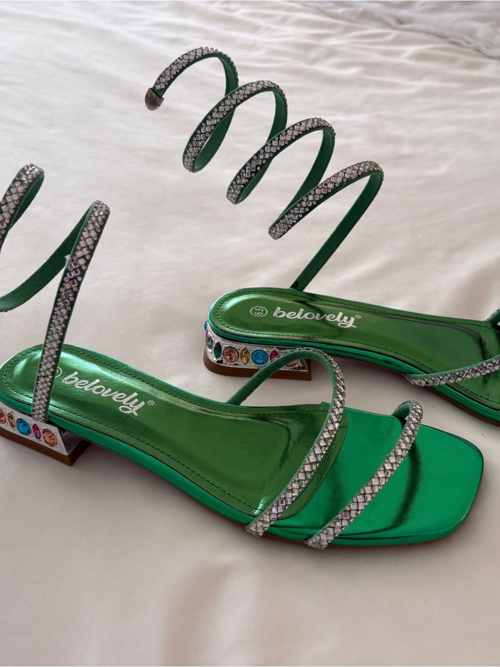 Belovely Emerald Green Jeweled Spiral-Strap Heels